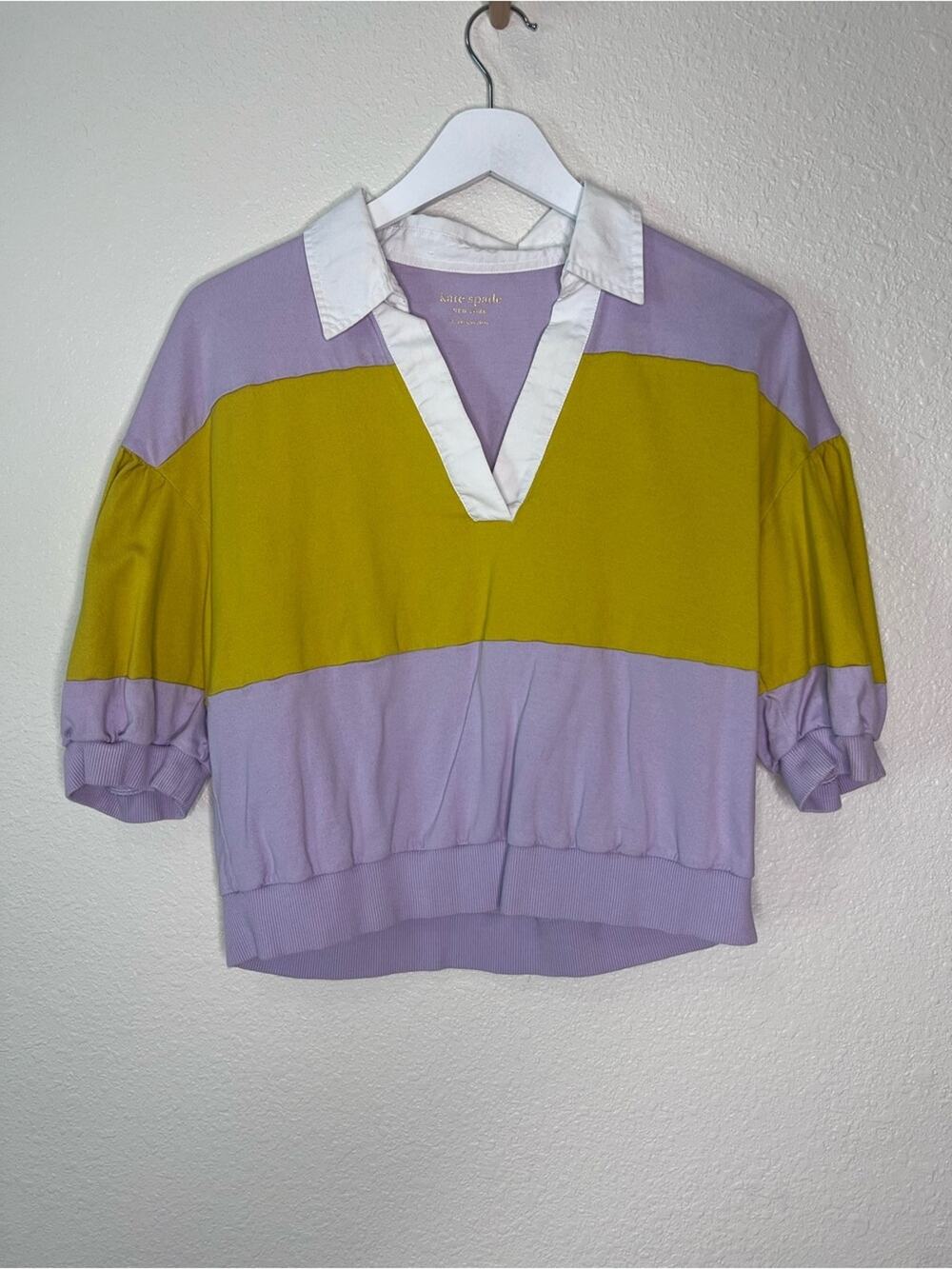 Kate Spade New York Purple Yellow Puff Sleeve Polo Top M 100% Cotton